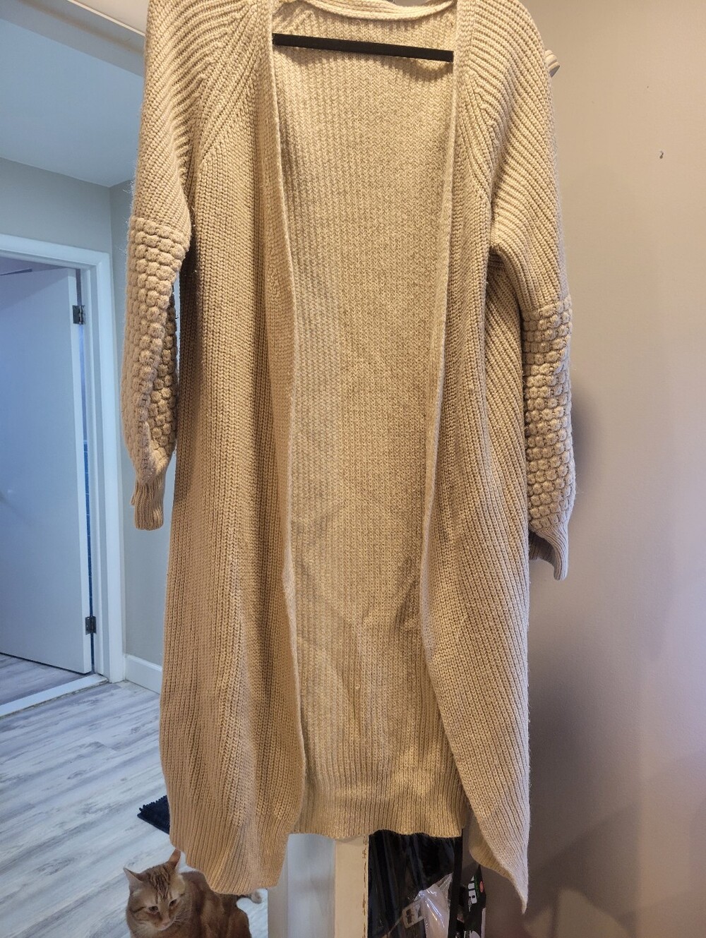 Beige Open-Front Long Knit Cardigan Sweater
